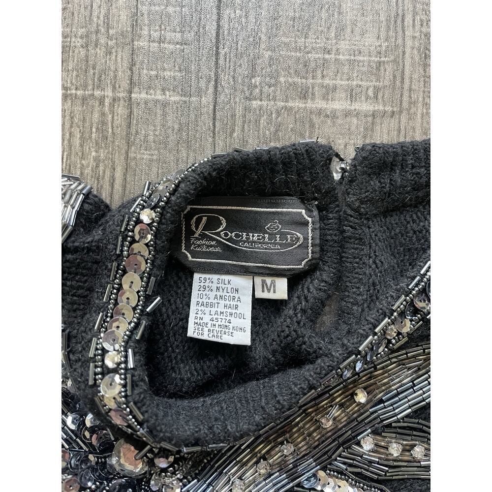 Rochelle Women’s Sweater Black Floral Beaded Silk/Nylon/Rabbit Hair/Lamswool, M - Picture 3 of 7